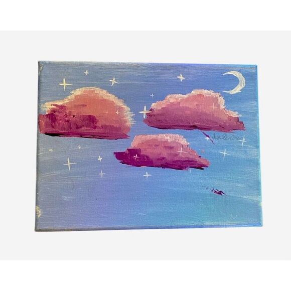 Purple Clouds on Blue Sky Acrylic Painting Original 12x9 on Canvas - Picture 1 of 7